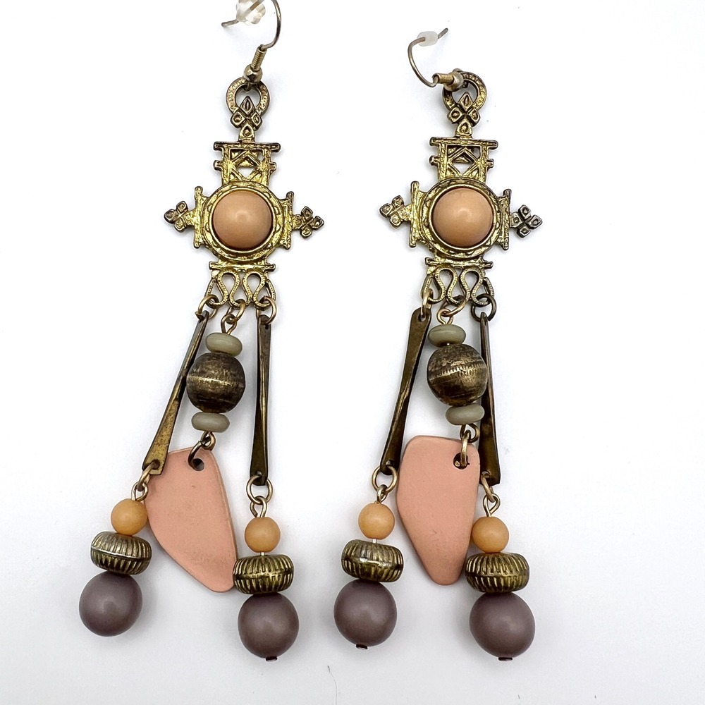 Vintage Boho Tribal Chandelier Earrings Peach Bead Brass Tone Long Dangle